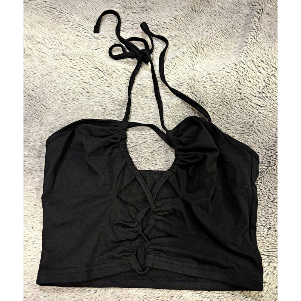 SHEIN Black Halter Lace-Up Top Solid Stretch Women’s Size S -4